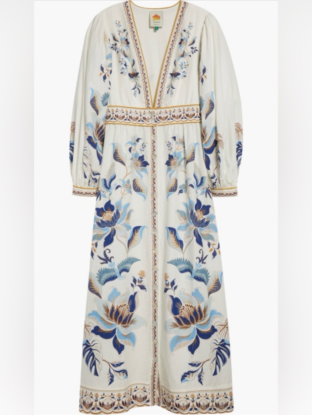 FARM Rio White Maxi Dress with Blue and Gold Floral Embroidery - Picture 6 of 16